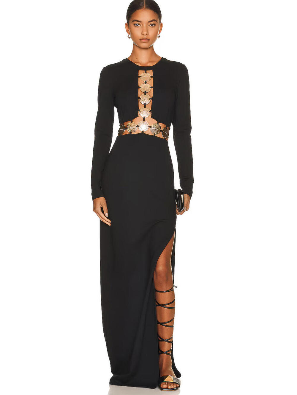 NWT Staud Delphine Black Embellished L/S Medallion Cutout Maxi Dress 12/XL